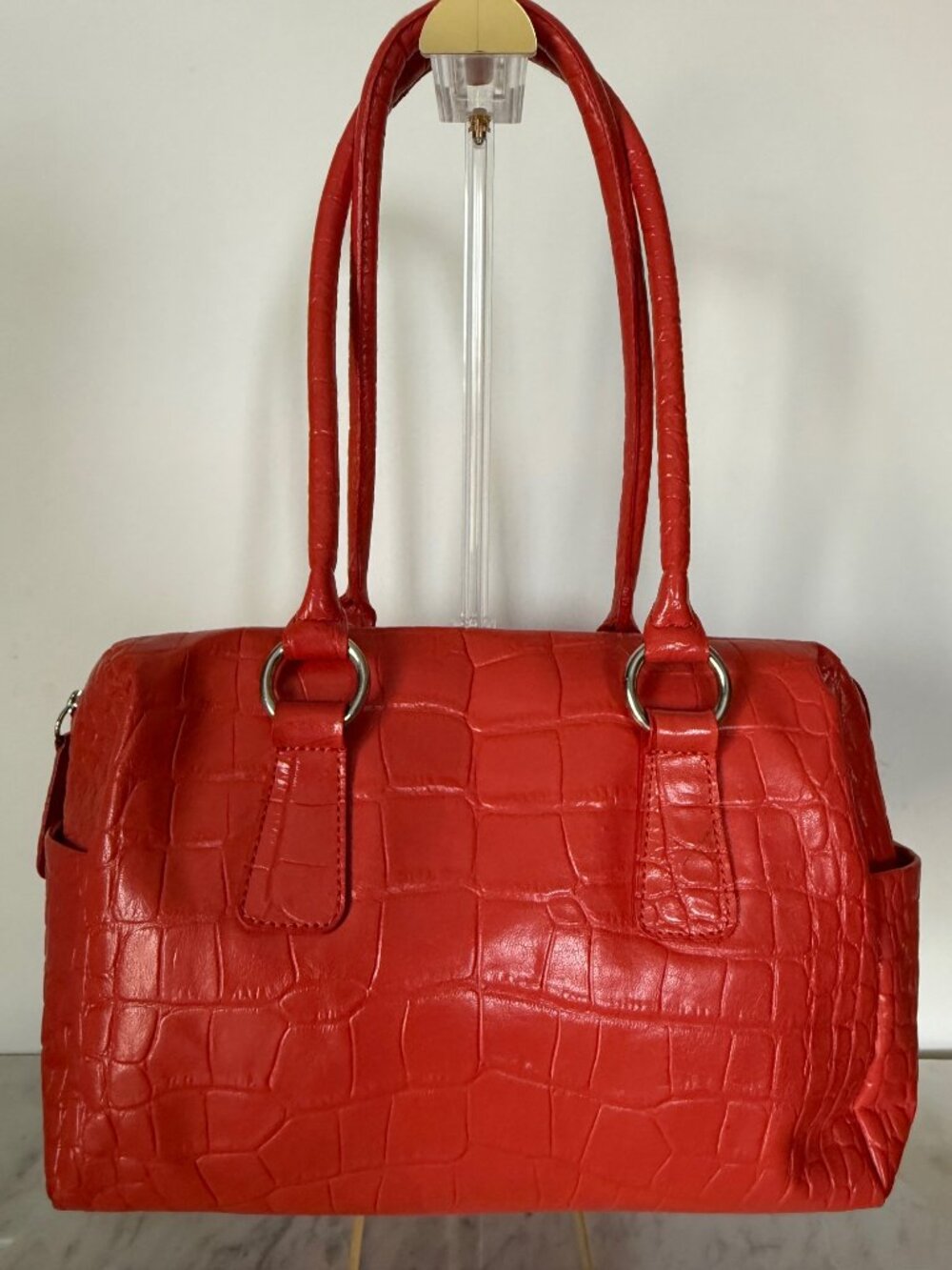 Michael Rome Coral/Red Croc Embossed Leather Shoulder Bag, Made in Italy